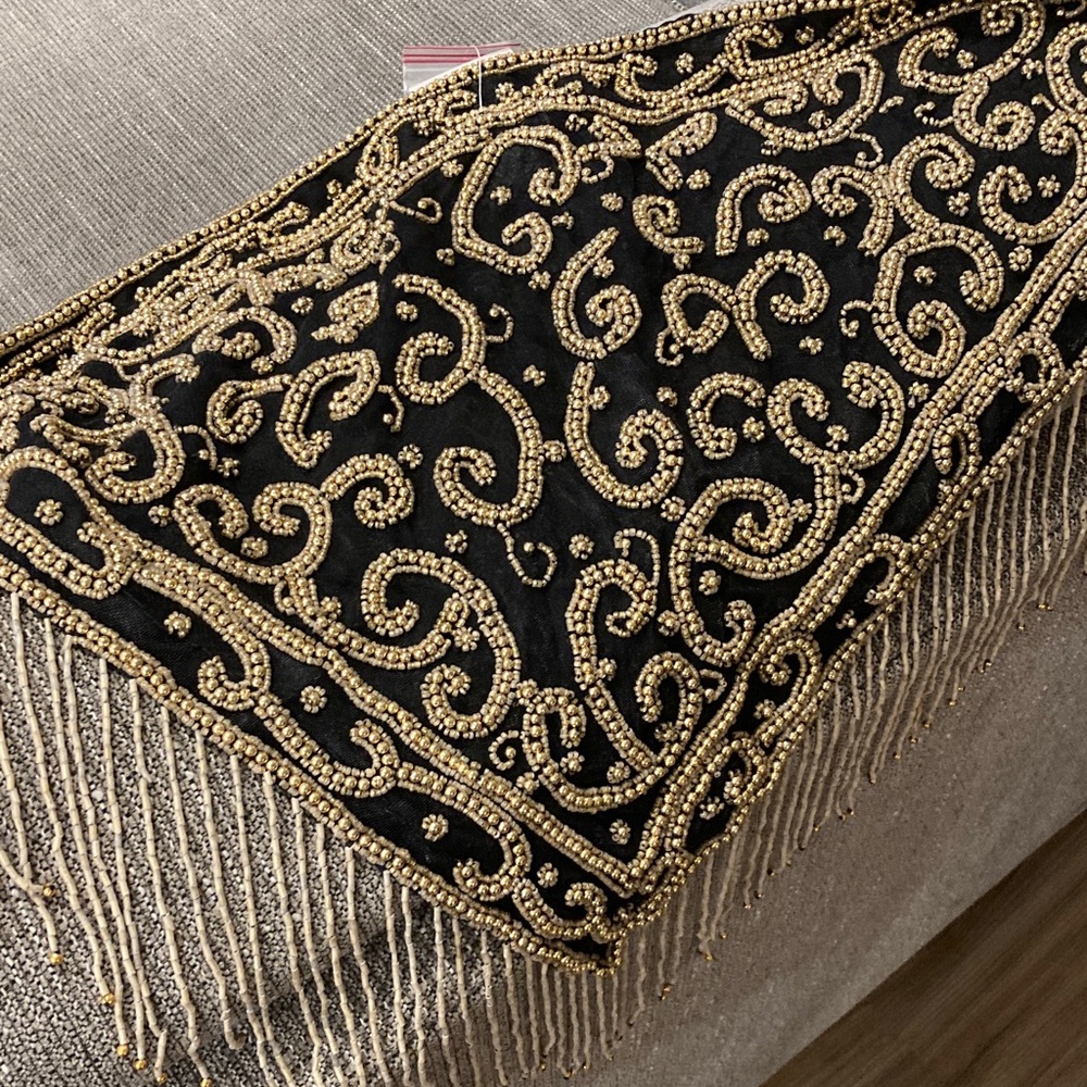 Beaded Belly Dance Black & Gold Hip Scarf beaded fringe Elegant